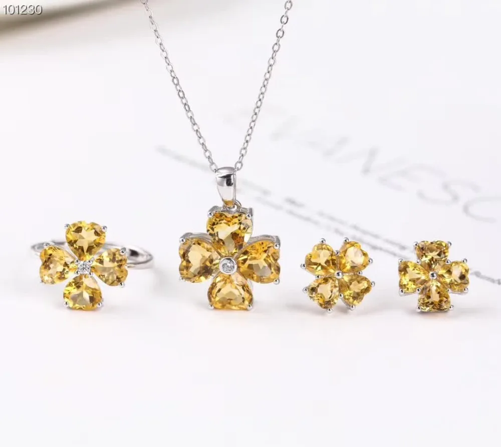

factory wholesale fashionable romantic 925 sterling silver natural yellow crystal earring necklace pendant ring jewelry set