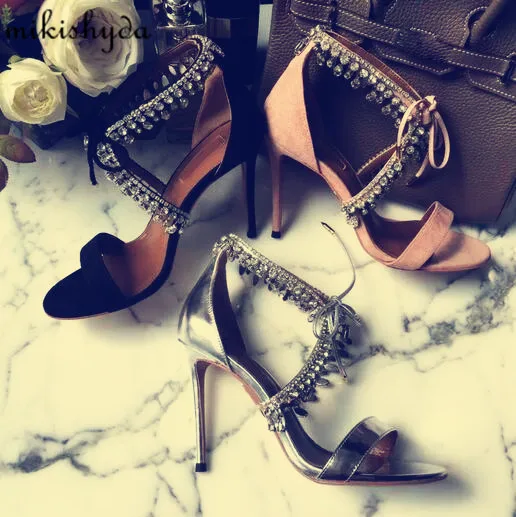 Summer Bling Women Gladiator Sandals Brand Suede Strappy High Heels Shoes Woman Lace Up Pumps Rhinestone Zapatos Mujer | Обувь