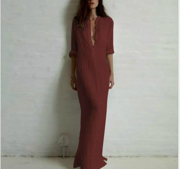 Повседневное длинное платье ультра глубокий V хлопок и лен Плюс Размер Vestidos Весна