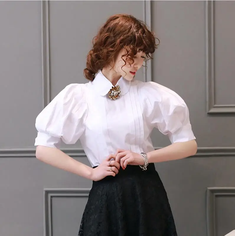 White Blouse Женская рубашка с пышными рукавами-фонариками, брендовые модные дизайнерские топы, Женская однобортная одежда с отложным воротником, винтажная белая блузка - Цвет: White Blouse