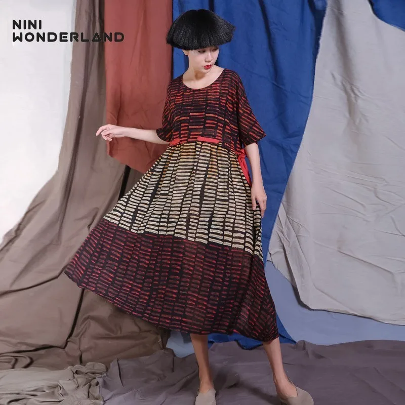 NINI WONDERLAND 2019 летнее платье с принтом женское хлопок и лен винтажное Большие