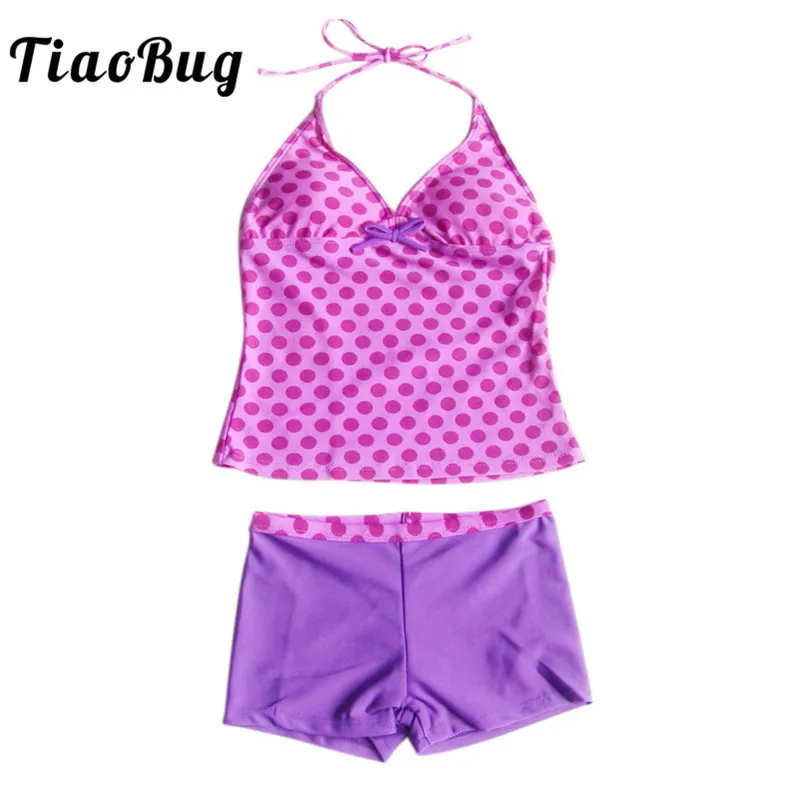 

TiaoBug/летний детский танкини фиолетового цвета с лямкой на шее в горошек, купальный костюм, топы для девочек и шорты, комплект бикини, купальн...