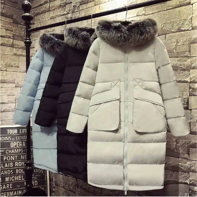 Женский зимний пуховик с капюшоном и меховым женское длинное повседневное