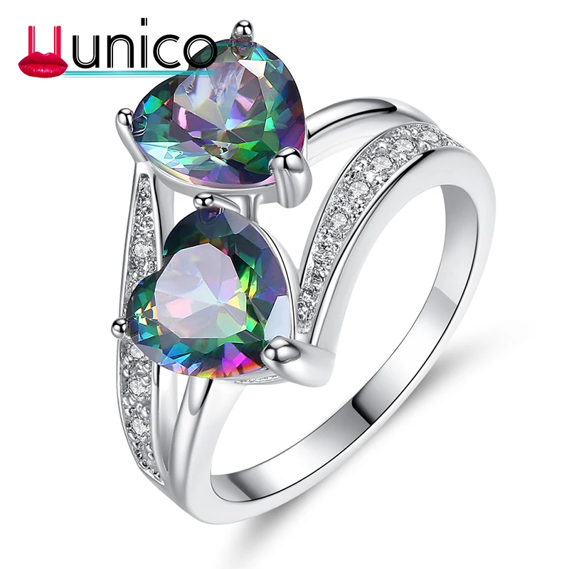 

UUNICO Color Double Heart Shaped Zircon Ring Personality Double Heart Zircon Ring European and American fashion accessories