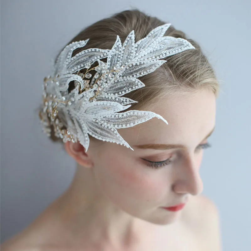 SLBRIDAL кристаллы и Стразы ручной работы кружева лист цветок свадьба тиара головная повязка свадебные головные уборы женские аксессуары для волос