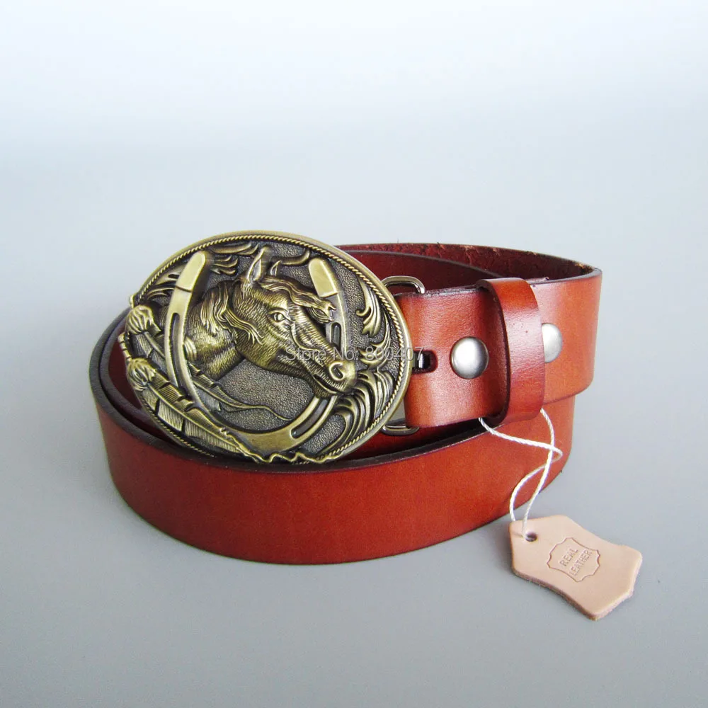 

Bronze Plated Horse HorseShoe Oval Belt Buckle W Brown Genuine Leather Belt Gurtel Boucle de ceinture Free Shipping