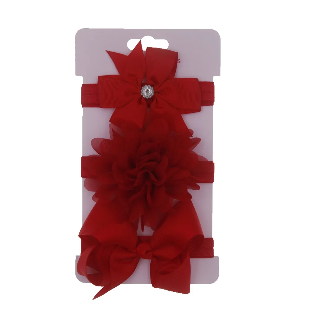 red Nishine/3 шт./лот; бант из ленты; шифоновая повязка на голову с цветочным узором для маленьких девочек; милые детские ленты для волос с бантом; комплект головных уборов; реквизит для фотосессии - Цвет: red
