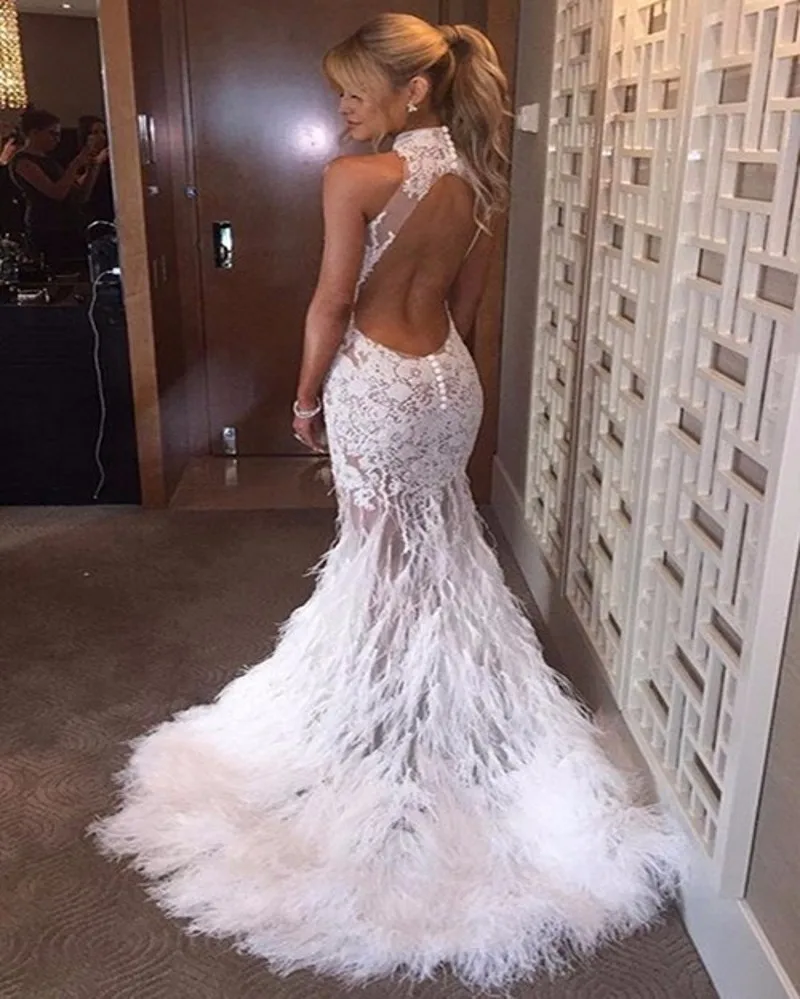 Fashion Feather Lace Mermaid Evening Dress 2016 Sexy See Through High Neck Backless Vestido De Festa Longo Prom Gowns | Свадьбы и