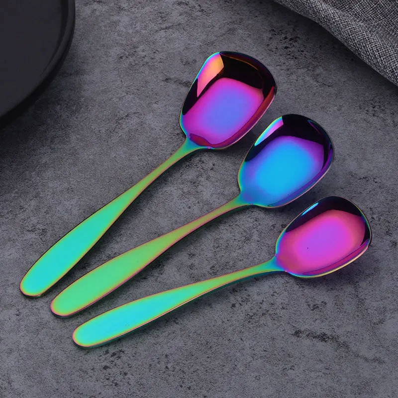 Rainbow NO.0-3sizes 3 шт./компл. ложки с плоским дном 18/8 из нержавеющей стали квадратный дизайн салатные столовые приборы Десертные Ложки для супа 3 размера благородные столовые приборы - Цвет: Rainbow NO.0-3sizes