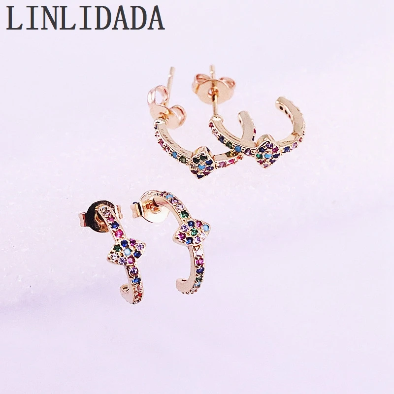 

8Pairs gold color filled rainbow cz paved women stud earrings for gift jewelry