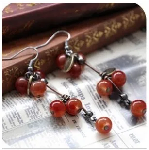 Серьги капли из красного кораллового камня Новинка модные 2016 вишневые длинные