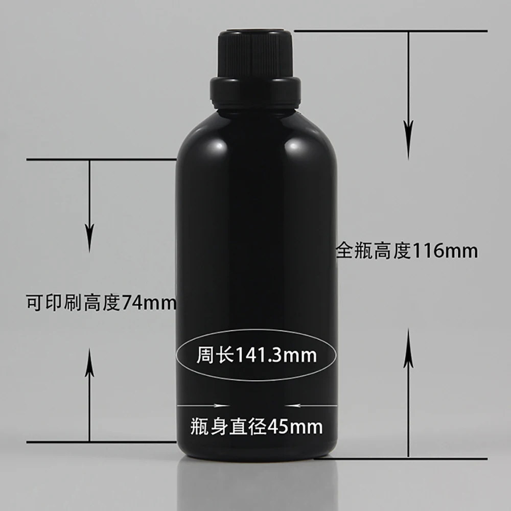 wholesale 50pcs 100ml shiny black dropper glass bottle with big plastic cap, glass essential oil  100ml cosmetic container