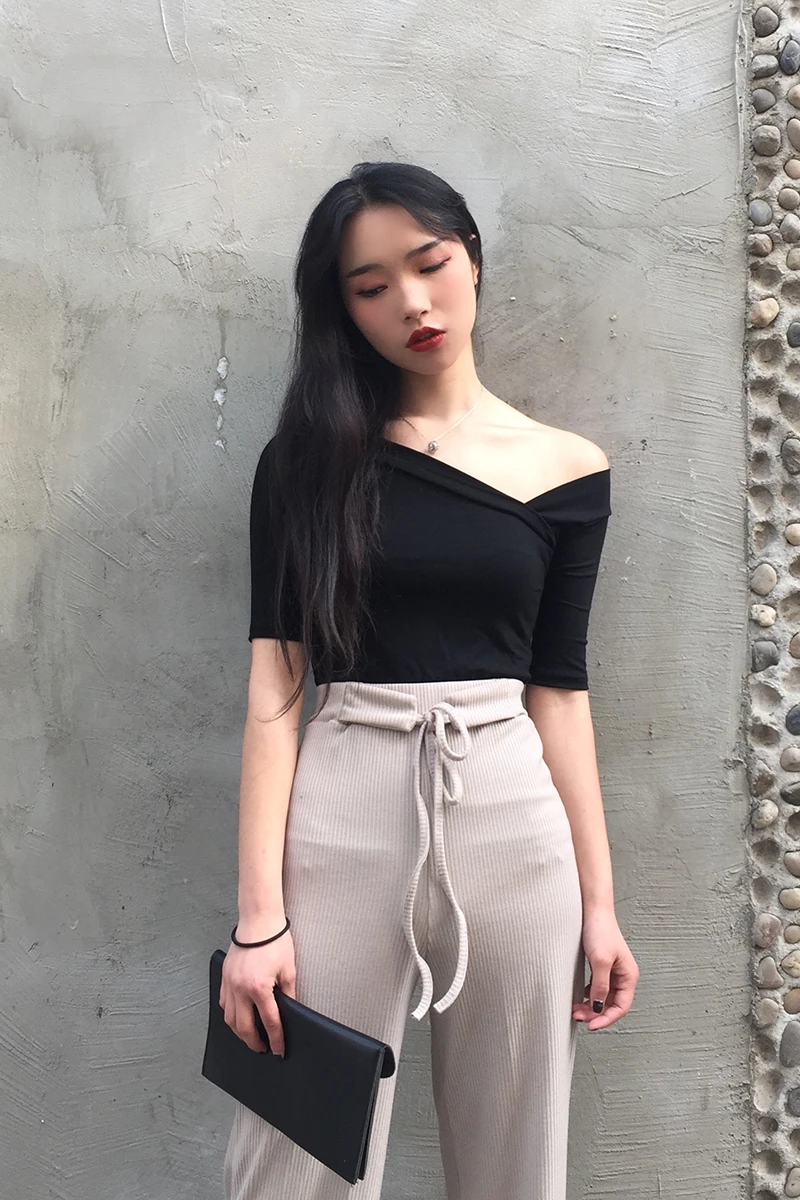 Женские футболки топы японские Kawaii для девушек Ulzzang косой вырез без бретелек