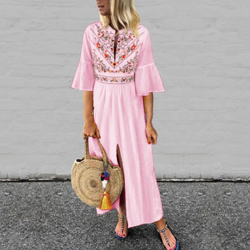 Женское длинное платье с коротким рукавом однотонное разрезом Boho PartyLadies Dresse |