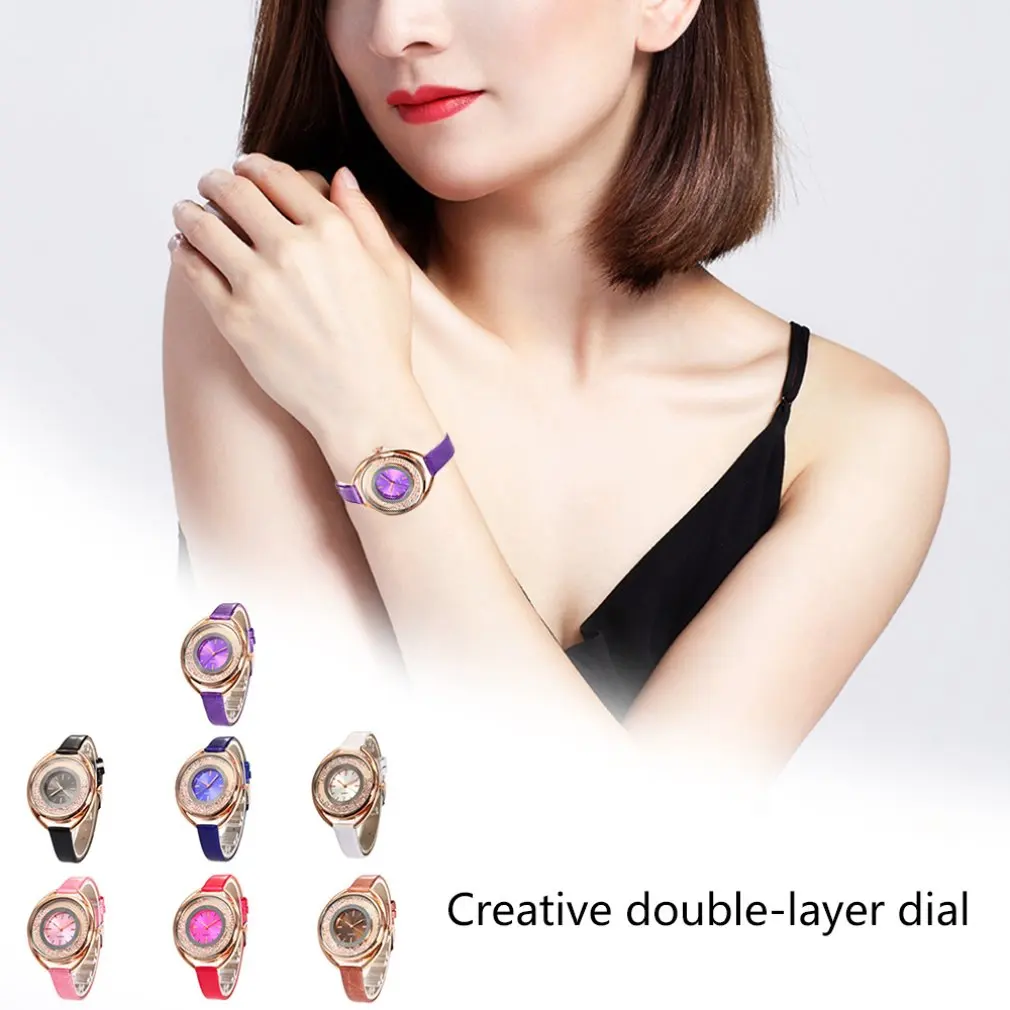 Корейские модные женские Стразы тонкие наручные часы с кожаным ремешком