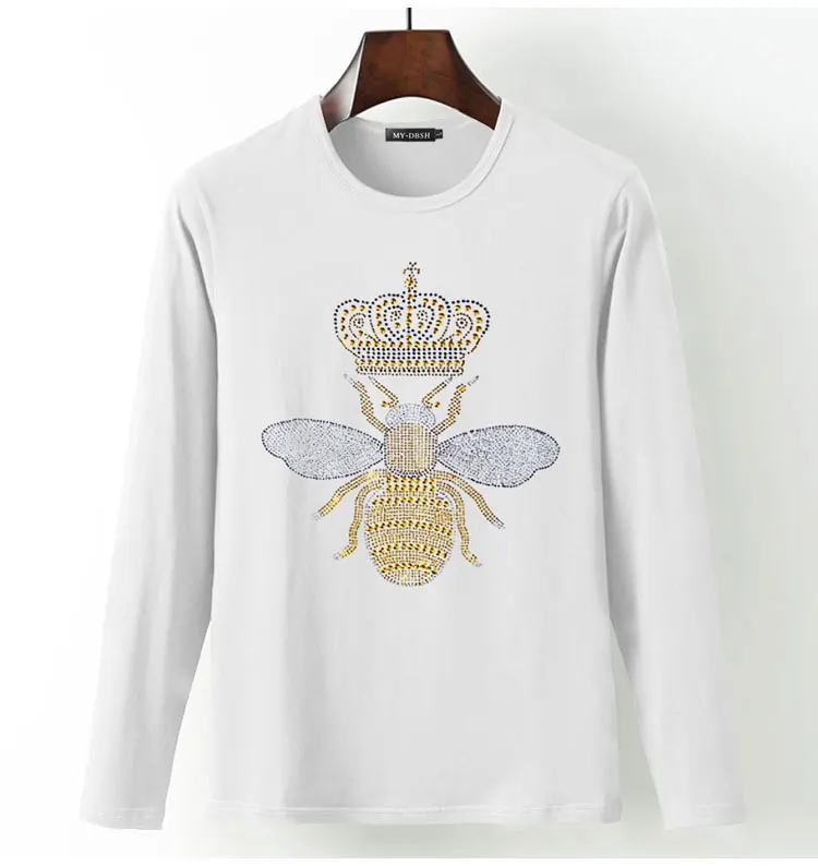Корона пчелы рубашка Crewneck Футболка Горячая фиксация Стразы с принтом пчелы футболки мужские веганские кристалл алмаз футболка большого размера 5XL