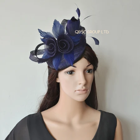 NAVY BLUE Новое поступление вина pillbox Чародей sinamay Кентукки Дерби шляпа w/перо цветок для королевской свадьбы, Ascot рас, Мельбурн Кубок - Цвет: NAVY BLUE