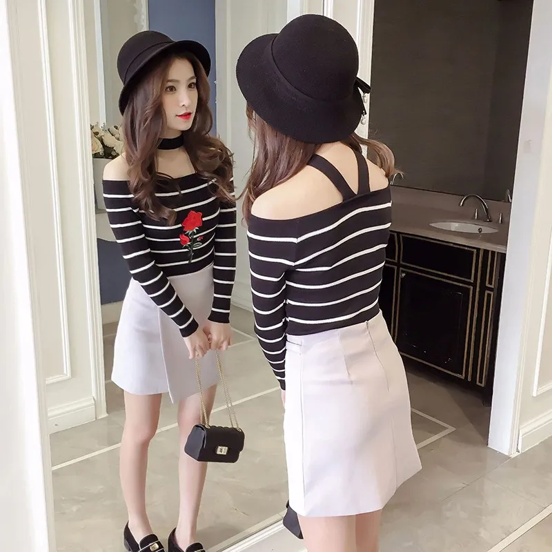 Сексуальный пуловер с вышивкой на шее вязаный свитер длинным рукавом Осень-зима