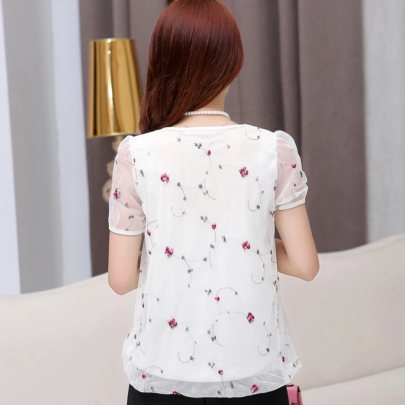 Кружевная шифоновая блузка свободная элегантная с цветочной вышивкой летняя