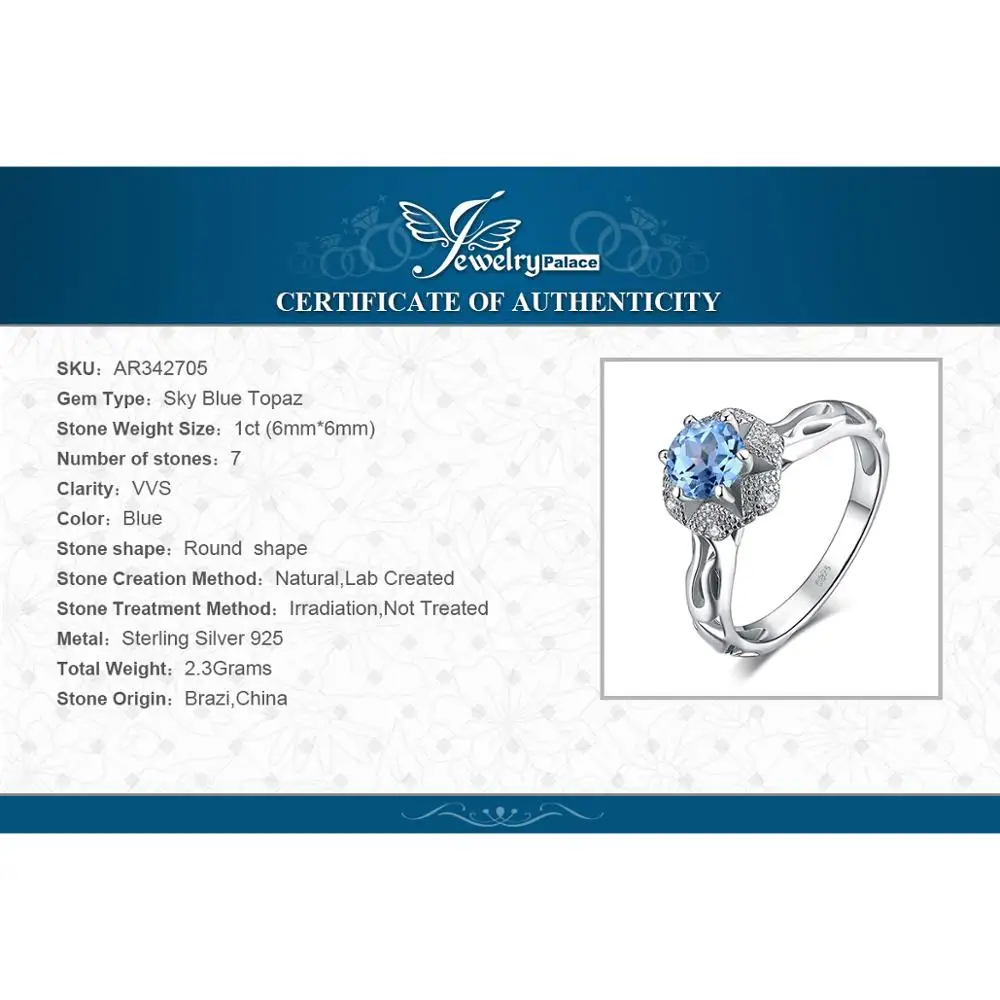 JewelryPalace Blossom Цветок 1ct натуральная Небесно голубой топаз кубический цирконий; для помолвки кольца для женщин 925 пробы серебряные ювелирные изделия