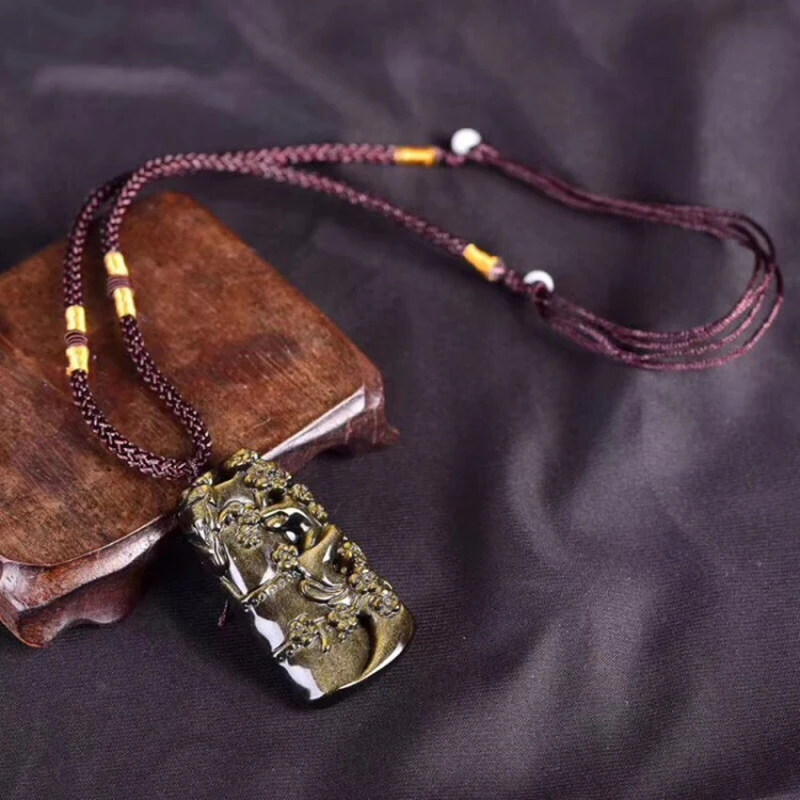 Оптовая продажа золотое черное ожерелье из натурального обсидиана резное с