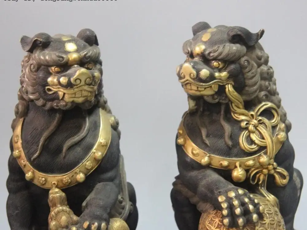 Китайские из чистой бронзы меди 24 K золото позолота серебро Фу Собака лев зверь