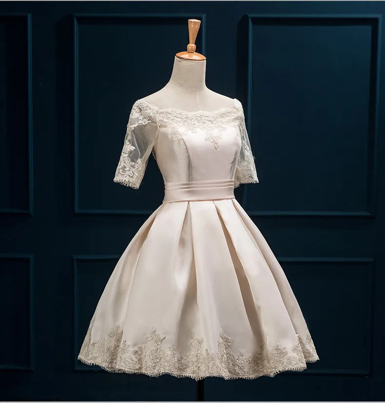 Женское короткое вечернее платье SSYFashion, роскошное атласное платье с кружевной вышивкой и коротким рукавом, А-силуэт, вырез лодочкой, элегантное бальное платье для свадебных торжеств и выпускных вечеринок