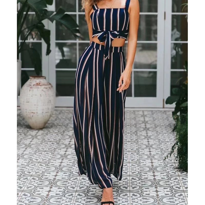 Casual Women 2 Pieces Set Office Lady Stripe Sleeveless Bow Tank Pants Summer Elegant Piece Korean Style | Женская одежда