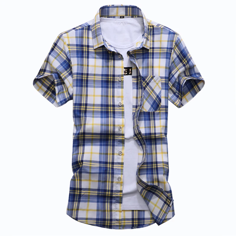 Летняя мода Мужская рубашка Slim Fit Короткие рукава клетчатая повседневная мужская