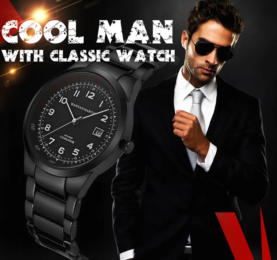 

Hannah Martin Luxury Brand Black Men's Dress Watch Steel Men's Quartz Wristwatches Wateproof Calendar Relogio Masculino Clock