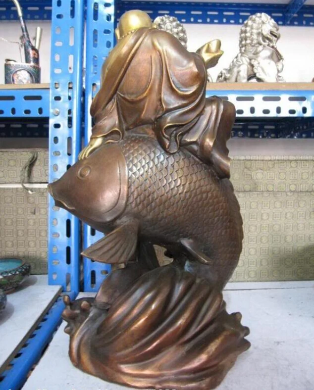 150401 S0650 17&quotChina classic Bronze Copper Lucky Happy Maitreya Buddha Ride on Fish Statue | Дом и сад