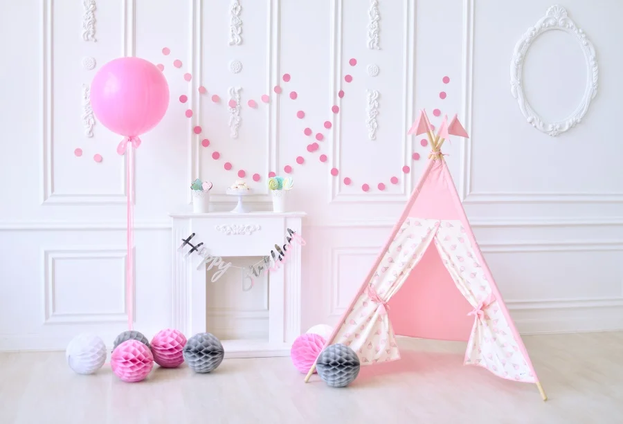 Laeacco Photo Backdrops Pink Chic Wall Balloons Tent Fireplace Dessert Floral Baby Birthday Party Backgrounds Studio | Электроника