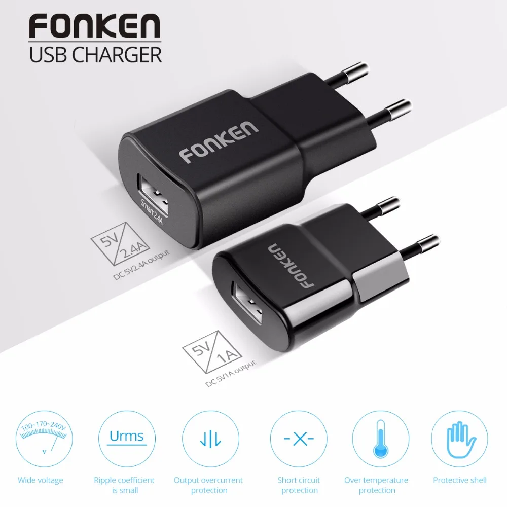 FONKEN 2.4A Смарт USB Зарядное устройство 5V 2A 1A телефон Зарядное устройство Универсальная настенная Зарядное устройство быстрой зарядки андроид мобильный заряд Мощность адаптер