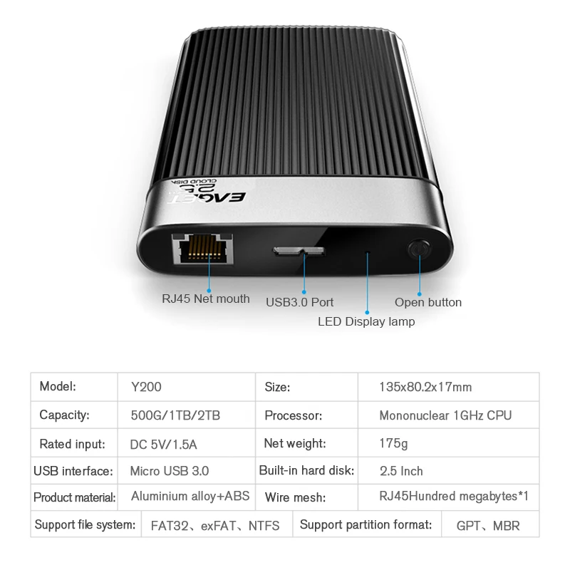 EAGET Y200 2,5 дюйма 1 ТБ/2 ТБ SATA USB3.0 Смарт мобильный жесткий диск шифрование безопасности внешний Hdd сетевой облачный диск для компьютера