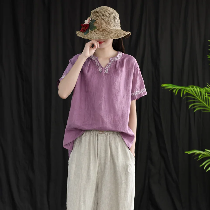 Женские одноцветные винтажные футболки с коротким рукавом и цветочной вышивкой