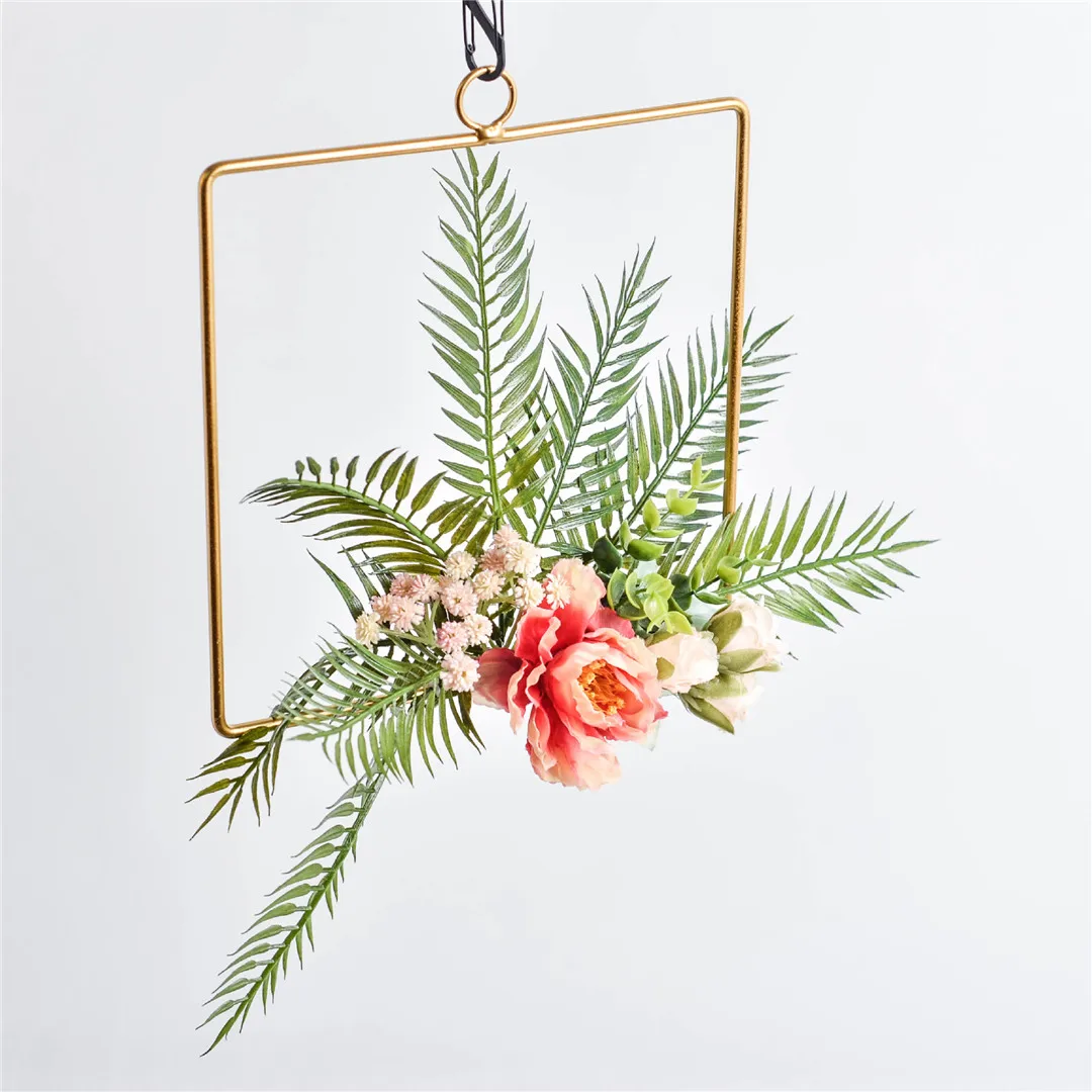 A064R18 Cilected wrought iron Floral Hoop Wreaths Gold Geometric Wedding Ornaments Wall Hanging Decor Artificial Peony Flower Wreath - Цвет: A064R18