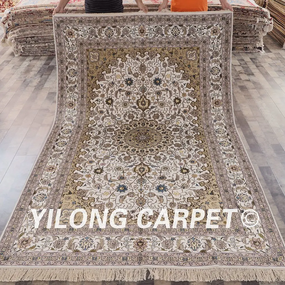 YILONG 6 'x 9' традиционный Шелковый коврик Тебриз светлый цвет ручной работы