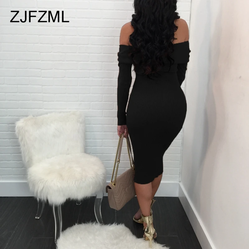 ZJFZML Women Sweater Dress Sexy Off Shoulder Midi Bandage Winter Kintted Full Sleeve Lace Up Slim Causal Club Vestidos | Женская одежда