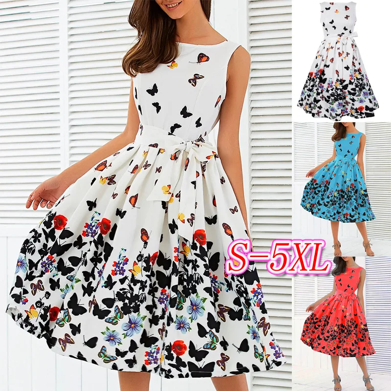 Большие размеры винтажное платье с принтом бабочки женское летнее 50 s рокабилли а