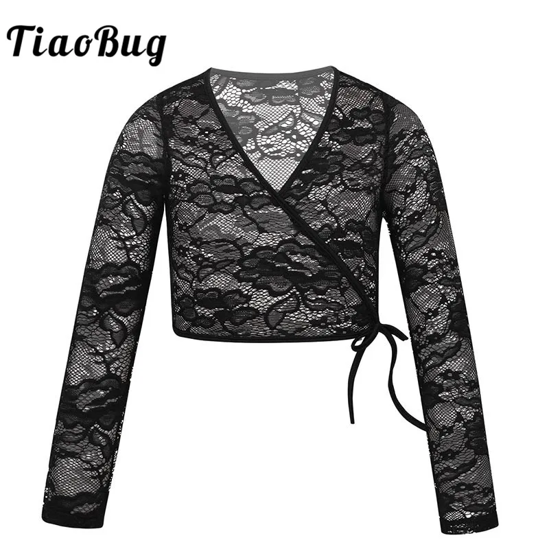 Детский топ для танцев TiaoBug с цветочным кружевом длинным рукавом и V образным