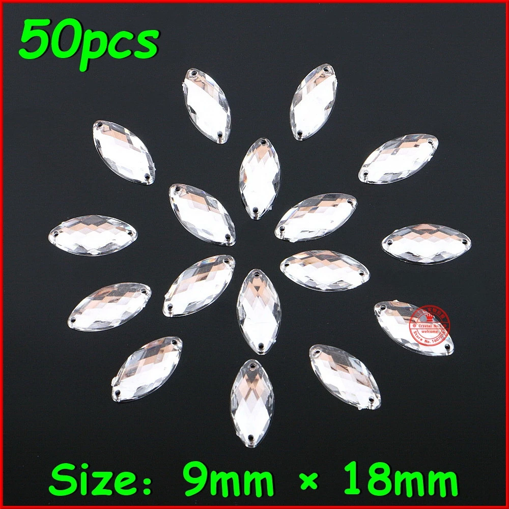 

50pcs/lot 9mm*18mm Horse Eye Crystal Stone Sew On Rhinestone 2 Holes Sliver Flatback Acrylic Jewelry For Wedding Dress Clothes