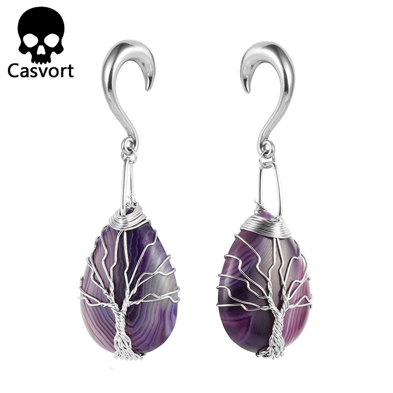 style 1 Casvort Новое поступление нерегулярный натуральный камень затычки для ушей Висячие ушные туннели из нержавеющей стали серебряные ушные весы с крючком пирсинг для тела - Metal color: style 1