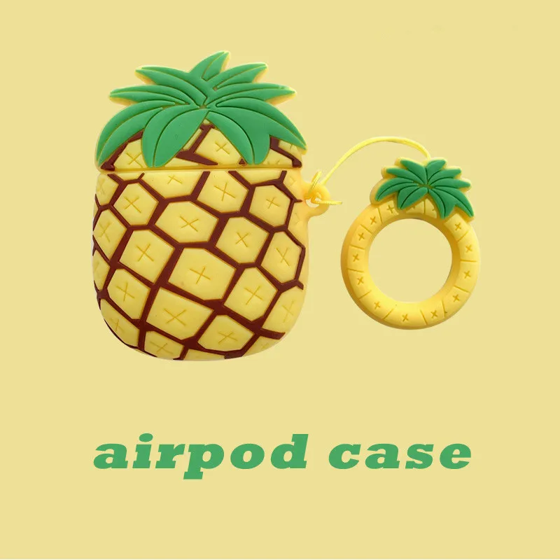 Чехол для AirPods со забавной карикатурой ананаса, защищающий их силиконовым покрытием и имеющий кольцо для пальца.