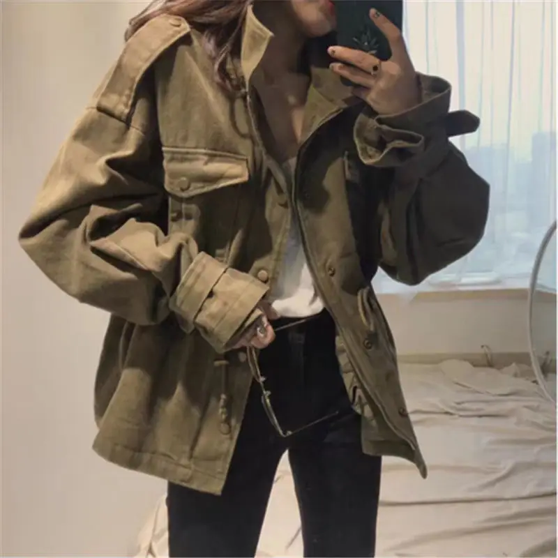 army green Модный Женский Тренч с воротником-стойкой, новинка, весна-осень, плотная ветровка в стиле милитари, верхняя одежда - Цвет: army green