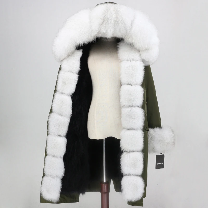 green black white OFTBUY, зимняя женская куртка, пальто с натуральным мехом, удлиненная парка, водонепроницаемая верхняя одежда, Воротник из натурального Лисьего меха, капюшон, подкладка из лисьего меха, съемная - Цвет: green black white