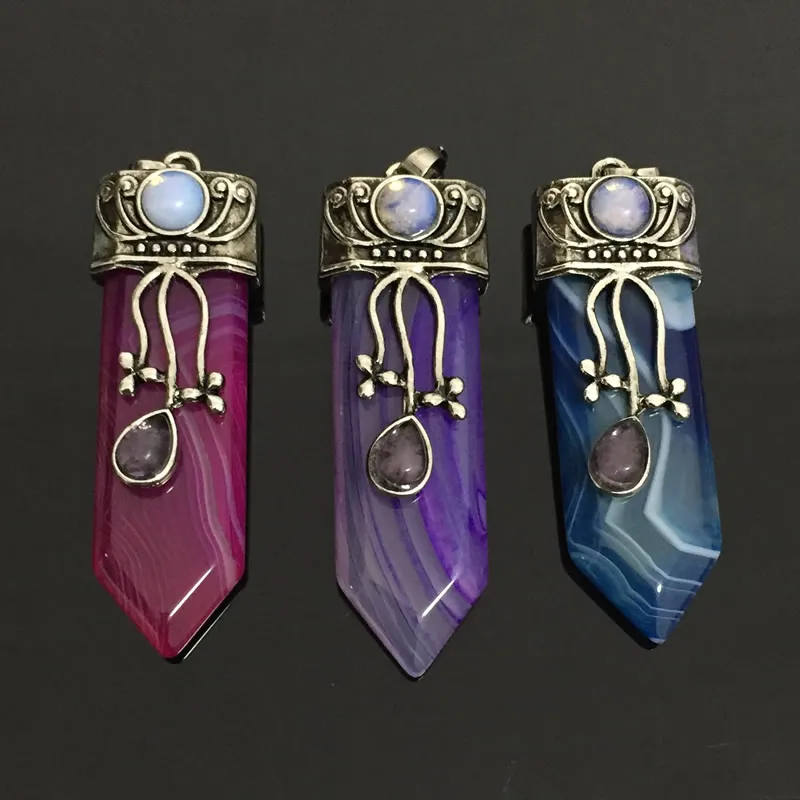 Antique Retro Opal Reiki Natural Stone Sword Pendants Pendulums Flower Charm Real Rosy Blue Stripe Agates Women Jewelry | Украшения и
