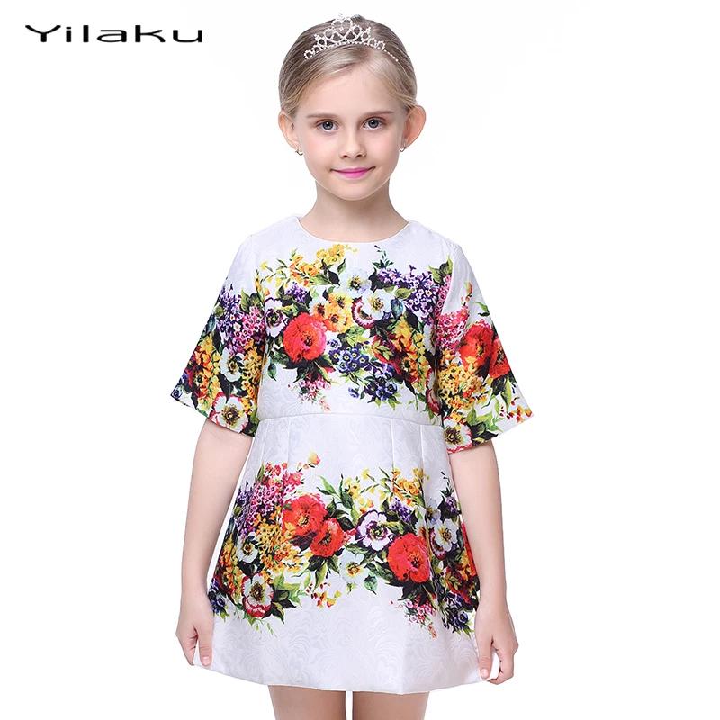 Yilaku Girls Dress Spring Girl Clothes Flowers Kids Dresses Half Sleeve Princess Dobby Clothing CA304 | Детская одежда и обувь