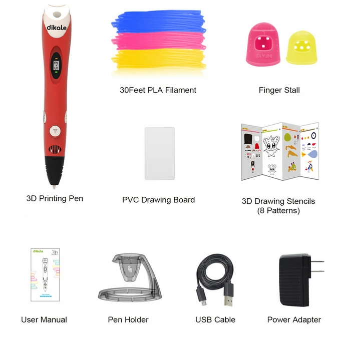 Red UK Free 9m PLA Dikale 3D Ручка для печати USB Canetas Criativa 7-го поколения Impresora Magica 3D Ручка для рисования струбцина нить PLA подарок для детей и взрослых - Цвет: Red UK Free 9m PLA