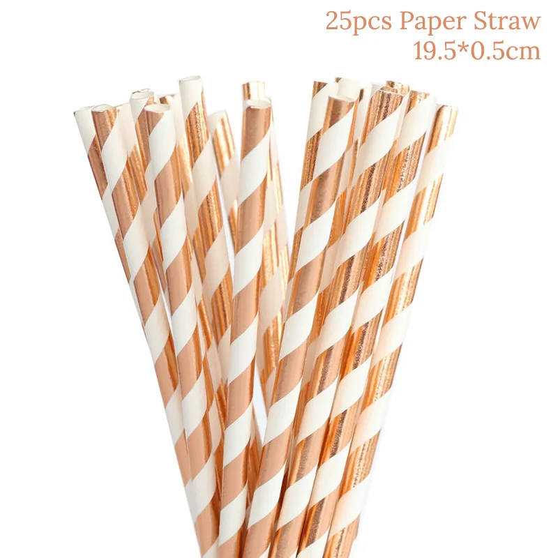 25pcs Paper Straws Розовое золото вечерние одноразовые столовые приборы чашки для шампанского тарелка соломинки 1-й день рождения ребенка душ Свадебные украшения Поставки - Цвет: 25pcs Paper Straws