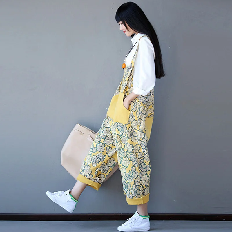 

SCUWLINEN 2020 NEW Women Pants Vintage Print Loose Spliced Pocket Scratched Cotton Overalls Casual Long Trouser for Women W25